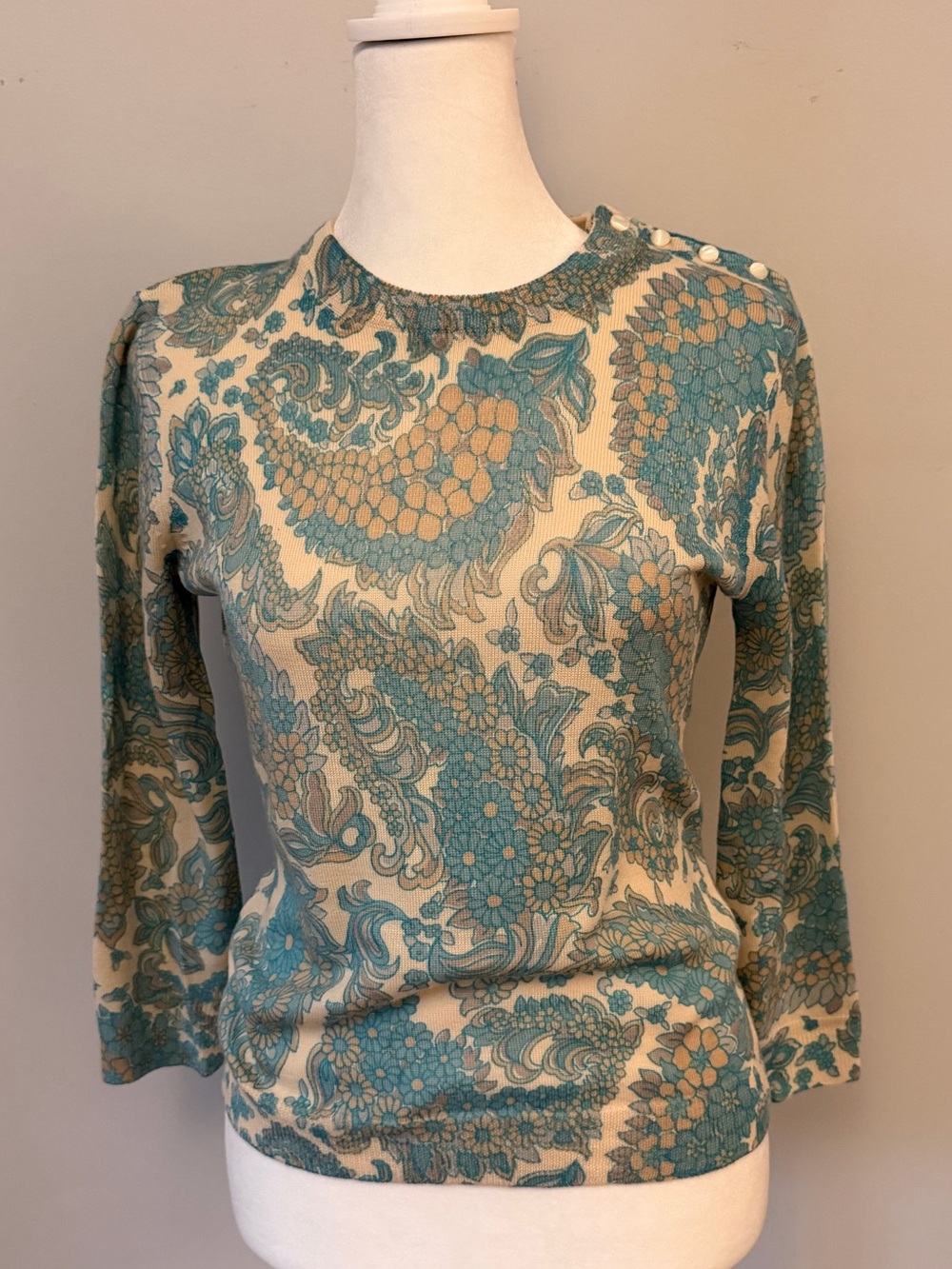 J. Crew Paisley Crewneck Sweater with button details in Teal and Cream